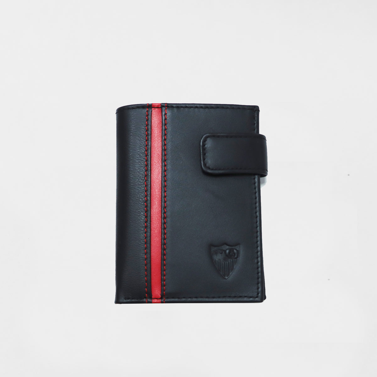 Cartera negra con vivo rojo con cierre piel