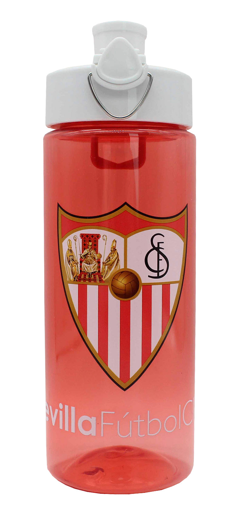 Botella de agua transparente con escudo del Sevilla Fútbol Club